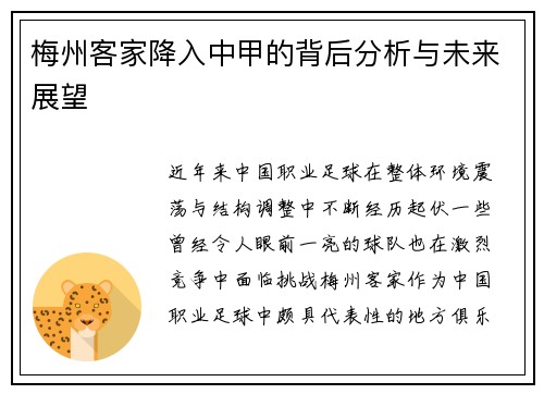 梅州客家降入中甲的背后分析与未来展望