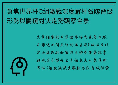 聚焦世界杯C組激戰深度解析各隊晉級形勢與關鍵對決走勢觀察全景