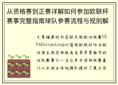 从资格赛到正赛详解如何参加欧联杯赛事完整指南球队参赛流程与规则解析